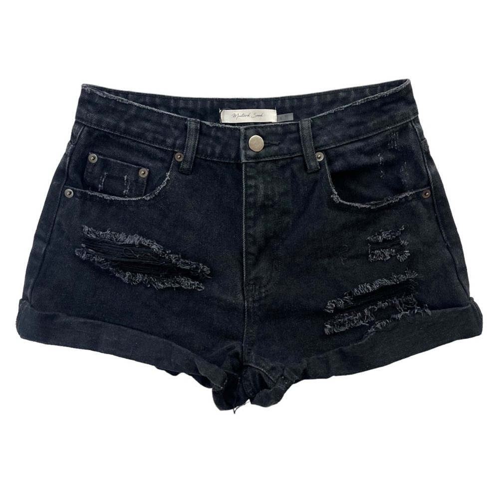 Mustard Seed Women’s Small, Black Cotton Distressed Mid Rise Cuffed Denim Shorts